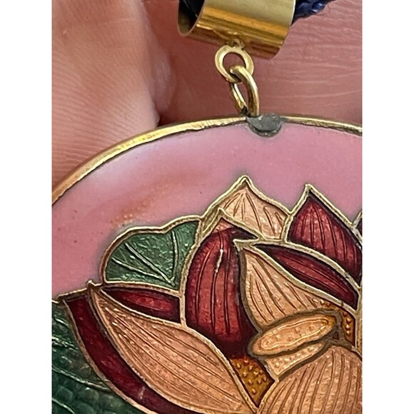 Vintage Cloisonné Pendant Necklace 1.75" w/ Tassel on 30" Navy Cord Boho - Picture 8 of 8